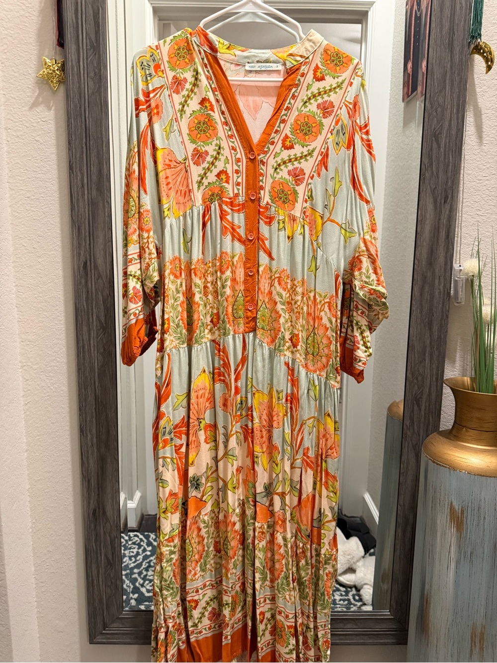 Bohemian Floral V-Neck Maxi Dress in Orange and Cream